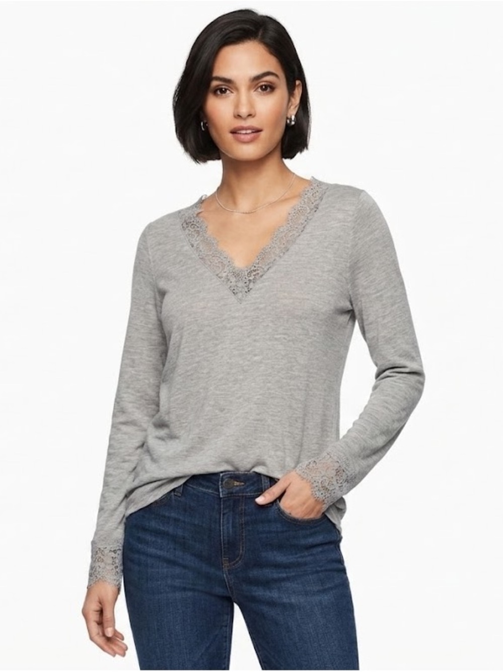 White House Black Market Light Gray Lace Trim V-Neck Top